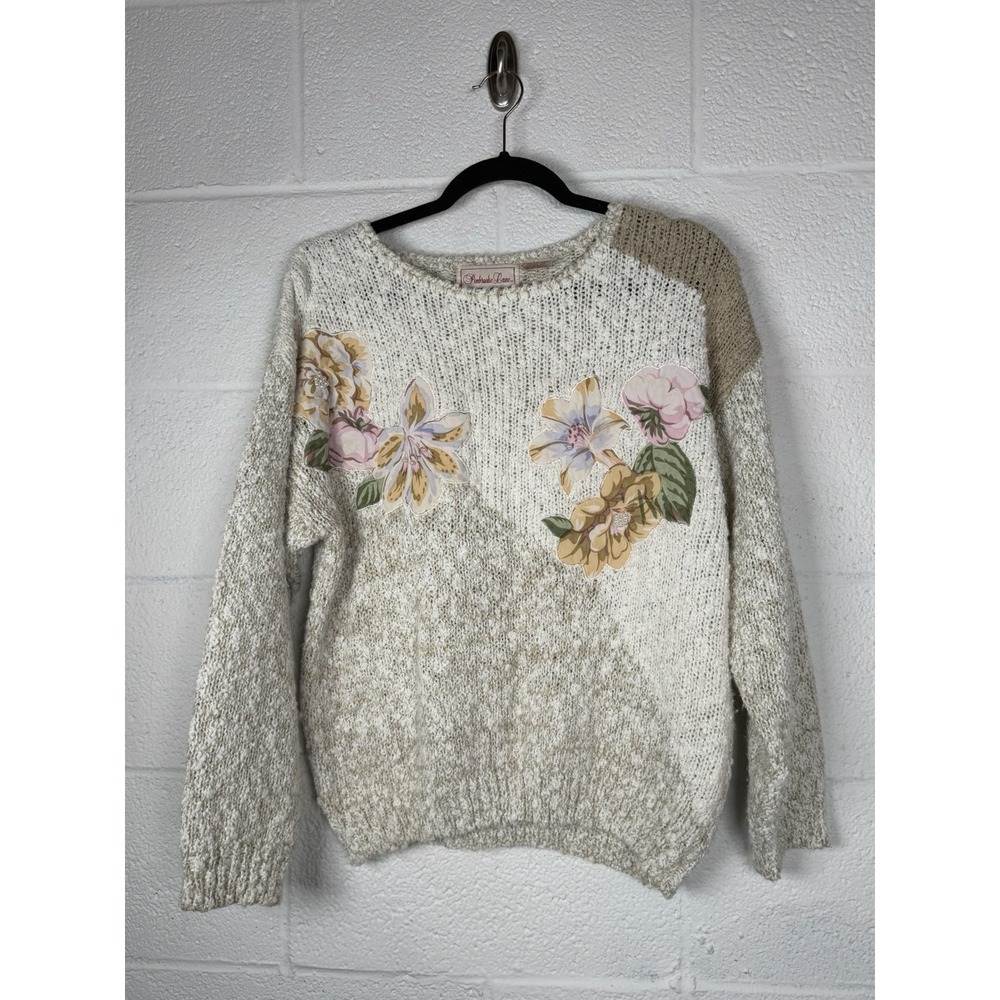 Vtg 80s Pembroke Lane Floral Applique Sweater M Pearl Embellished Cottagecore